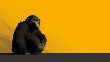 a chimpanzee is depicted in a simplistic vector art style, sitting on an orange background with ebony shadowing. the tabletop photography captures the chimp in a dark gray and yellow color scheme. the sparse background, low resolution, and gigantic scale add to the unique aesthetic of this mono-ha inspired image. ai generatedの素材