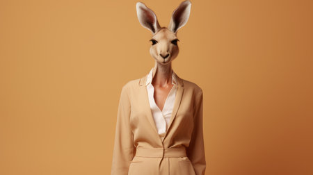 a woman in an elegant suit strikes a pose with a kangaroo head, creating a surrealistic scene. the artwork, done in the style of realistic surrealism by tiago hoisel, features a minimalistic portrait with light orange and light beige tones. the symmetrical composition and close-up intensity add to the overall impact of the image. ai generatedの素材