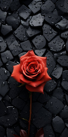 a red rose, in the style of voxel art, leans gracefully against a dark black background. raindrops cascade down, adding a touch of enchanting surrealism to the scene. the richly detailed backgrounds, reminiscent of richard long's work, feature stone, dark gray, and black hues, creating a captivating flowerpunk aesthetic. ai generatedの素材