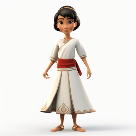 a princess dressed in white and red, inspired by the disney villain aladdin, is depicted in a cartoon environment. nafissa aladdin showcases highly detailed features and a strong facial expression. the artwork is created in the style of vray tracing, resembling xbox 360 graphics. the illustration also incorporates elements of indian traditions, with isolated figures reminiscent of the period between 500 and 1000 ce. aiの素材