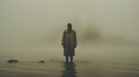 a woman stands in water on a foggy day, surrounded by otherworldly creatures. the photograph captures a dark beige and yellow color palette, creating a psychological horror atmosphere. the dramatic use of lighting adds to the eerie ambiance. this documentary-style photograph showcases hikecore elements and explores psychological depth in its characters. ai generatedの素材