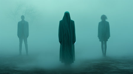 ghosts, shrouded in fog and rain, create an eerie atmosphere in this dark cyan and green photograph. reminiscent of horror academia and somber religious works, the image captures the dramatic presence of monumental figures. shot by anas asghar in stunning 8k resolution, it showcases the artistic vision of sebastian errazuriz. ai generatedの素材