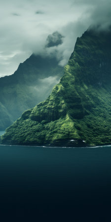 an island wallpaper featuring a calming and introspective aesthetic with dark green and light aquamarine tones. the island is surrounded by clear blue water, creating a serene atmosphere. this webcam photograph captures the beauty of the island's mountainous vistas, with a juxtaposition of dark turquoise and light brown colors. the swiss style adds a touch of elegance to the overall composition. ai generatedの素材