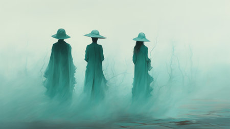 three women in hats, standing on mossy ground beneath trees, create a captivating scene reminiscent of christopher balaskas' style. the blue sky serves as a striking backdrop, enhancing the ghostly presence of the figures. the painting, done in light teal and dark emerald tones, showcases a gesture painting technique. the mist-like quality adds an ethereal touch, while the detailed costumes contribute to the monochromatic minimalistの素材
