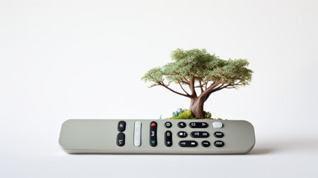 a tree shaped like a remote control stands out in this nature-inspired composition. the lightbox enhances the realistic depiction of everyday life, reminiscent of the heian period. the selective focus highlights the minimalistic elements, while the argus c3 camera captures the intricate details of this unique tree. ai generatedの素材