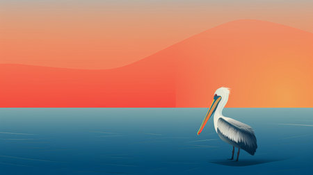 orange sky with a blue gull flying in a black background, reminiscent of 2d game art. the minimalist background and linear perspective give it a storybook illustration feel. this uhd image captures the calm waters and features caricature-like illustrations. ai generatedの素材