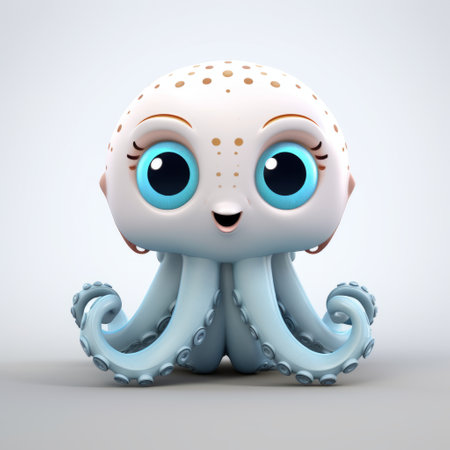 a 3d cartoon octopus model created by scottie 3ds, inspired by the artistic style of natalia rak. this realistic rendering features a light white and cyan color scheme, with cute cartoonish designs. the model incorporates dotted elements and draws inspiration from q hayashida's futuristic fantasy themes. ai generatedの素材