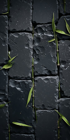 bamboo stem on old ruins wooden pavement, in the style of photorealistic compositions. the dark gray background adds a touch of kazimir malevich's minimalist aesthetic. the organic stone carvings create an intriguing contrast against the bamboo. this intense close-up shot is perfect for wallpaper or artistic inspiration. ai generatedの素材