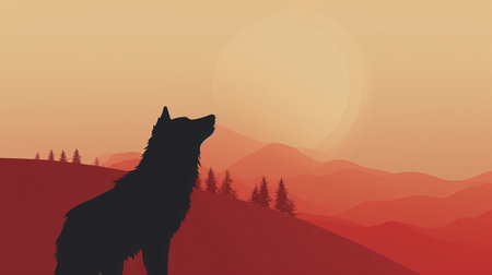 a dog silhouette stands on a hillside during a breathtaking sunset. this graphic design-inspired illustration showcases a minimalist background with hints of forestpunk. the fictional landscape is adorned with shades of red and amber, creating a captivating contrast against the dark amber and gray tones. the scene evokes a whistlerian ambiance. ai generatedの素材