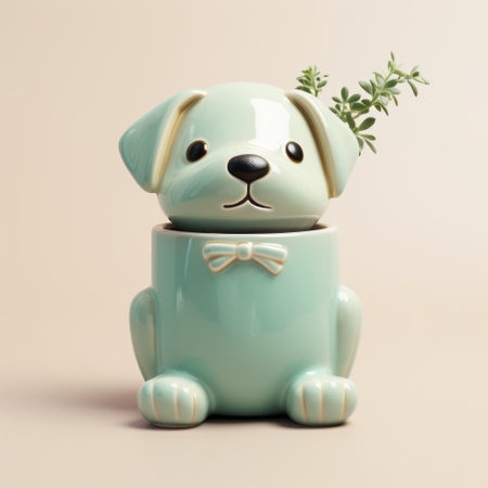 a miniature dog planter, rendered in cinema4d, showcases a light emerald and beige color scheme. the vray tracing technique enhances its cartoon-like compositions. this illustration serves as a delicate still-life, while also offering a critique on consumer culture. ai generatedの素材
