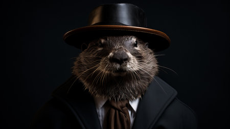 a beaver dog wearing a top hat and coat poses for an evocative environmental portrait. this intriguingly taboo photo, taken with provia film, captures the essence of darkest academia. the close-up shots and studio setting enhance the detailed portrayal of the beaver dog's outfit, creating a captivating and visually stunning portrait. ai generatedの素材