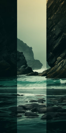 a beach wallpaper featuring calming and introspective aesthetics. the image showcases a beautiful beach with crystal clear water, surrounded by dark green and light aquamarine hues. captured through webcam photography, the scene is enhanced by the contrasting colors of dark turquoise and light brown. the mountainous vistas in the background add a touch of serenity, creating a juxtaposed imagery reminiscent of the swiss style. aiの素材