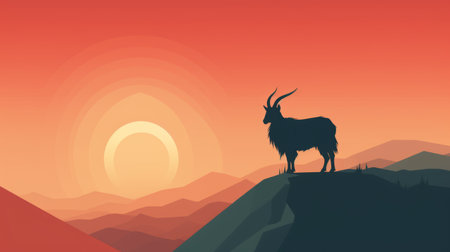 a big horned goat stands majestically atop a mountain, surrounded by vibrant color gradients. the romantic landscape stretches out before it, with mesmerizing horizons in shades of light orange and black. the flat perspective adds to the charm of this scene, reminiscent of the shang dynasty. soft and romantic, this landscape captures the essence of nature's beauty. ai generatedの素材