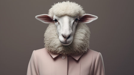 a woman in a pink coat, resembling a sheep, is depicted in this photorealistic surrealism artwork. the minimalistic portrait showcases a mashup of styles, combining elements of dark, white, and beige tones. the composition exudes an elegant and emotive atmosphere, with realistic portrayals of the woman's face. this artwork also incorporates elements of bunnycore aesthetics. ai generatedの素材