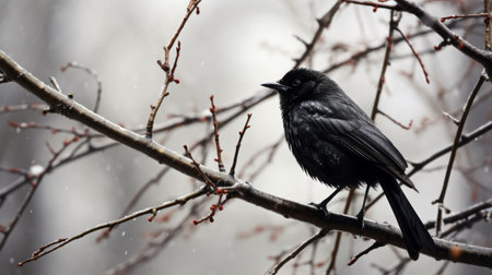 a black bird, perched on a branch with wet leaves, stands out against a clear sky. this whimsical yet eerie image captures the essence of animal symbolism. created by serge marshennikov, a renowned photographer known for his unique style, this photograph showcases the beauty of new american color photography. the shallow depth of field, combined with the dark silver and black tones, adds a soft-focusの素材
