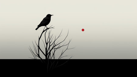 a black crow perched in a tree, holding a red ball in its talons. this minimalist monochromatic landscape features a graphic illustration with a darkly romantic and pensive stillness. the sepia tone adds to the abstract minimalistic composition, evoking psychological phenomena illustrations. ai generatedの素材