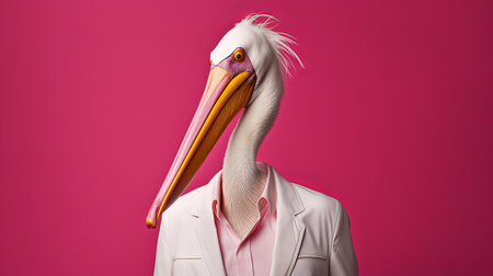 a white pelican stands out in a pink suit, showcasing a unique blend of surreal fashion and studio portraiture. with its elegant white crest and beak, this photo captures the essence of masculine style. the composition is photo-realistic, highlighting the emotive face of the pelican. this pop culture mashup is a captivating example of unilalianism. ai generatedの素材
