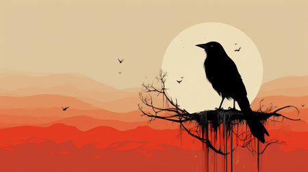 a bird perches on a tree branch against an orange backdrop, creating a haunting landscape reminiscent of nightmarish illustrations. this high-resolution image, with dimensions of 3840x2160, showcases the unique style of ravencore art. the low-resolution effect adds to the overall aesthetic, while the dripping paint adds an intriguing element. this captivating photo can be found on flickr. ai generatedの素材