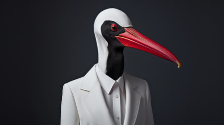 a big bird, adorned in a suit and sporting white hair, stands as a striking example of sculptural aesthetics. this unique portrait captures the essence of women designers and showcases an environmental theme. the contrasting colors of dark white and light crimson create a visually captivating image. with its uniformly staged composition, this photograph combines elements of white and black, while also featuring hyperrealistic marineの素材