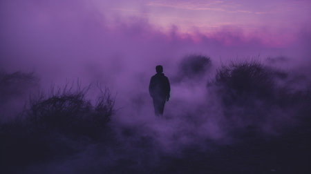 a person stands in a misty field surrounded by a purple haze. the dynamic chiaroscuro style of the photograph creates a tenebrous atmosphere. the installation captures an otherworldly ambiance with its dramatic skies and nightmarish illustrations, evoking a sense of supernatural realism. ai generatedの素材