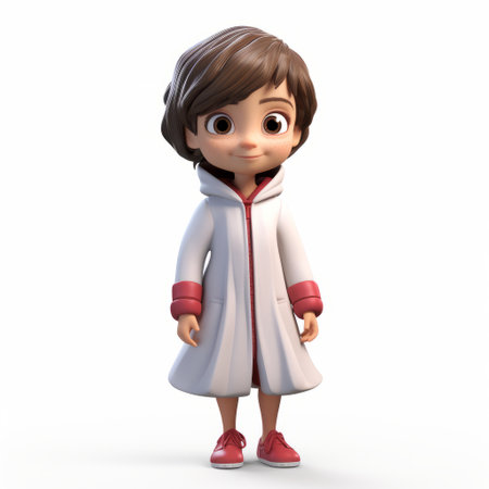 a cartoon character with black hair and white, in the style of volumetric lighting, lit kid, light maroon and white, uhd image, precise detailing, science-based, childlike innocence and charm. ai generatedの素材
