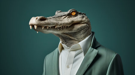 a green suit with a crocodile head is showcased in this hyperrealistic portrait, featuring minimal retouching. the image has a touch of the sabattier filter, giving it a unique and artistic appeal. with influences from grey academia, commercial imagery, duckcore, and nabis, this photo captures a captivating blend of styles and aesthetics. ai generatedの素材