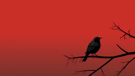 a black bird perches on a red tree branch in this minimalist background illustration. the tonalist style and color gradients create a nightmarish atmosphere, reminiscent of psychological phenomena illustrations by naoki urasawa. ai generatedの素材