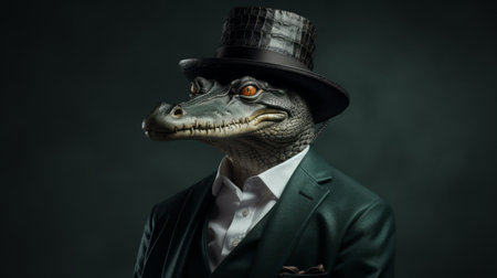 a crocodile wearing a top hat and dress suit, captured in a hyper-realistic portrait style by raphael lacoste. this uhd image showcases the eccentric props used by sacha goldberger in this commissioned artwork. ai generatedの素材
