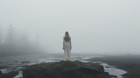 a girl stands on water amidst fog, creating a lovecraftian, ethereal landscape. the scene is a blend of realism and ethereality, with haunting figuratism. this photo captures the essence of beach portraits, showcasing a sublime wilderness. the dark white and light blue tones add to the mysterious ambiance. ai generatedの素材