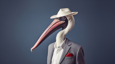 a pelican wearing a white suit and hat stands out in this edgy surrealism-inspired photograph. the photorealistic portrait captures the satirical essence of the illustration, showcasing the pelican's candid expression. the sketchfab style adds an artistic touch to the elegant clothing, while the exaggerated caricature highlights the unique features of this famous bird. ai generatedの素材