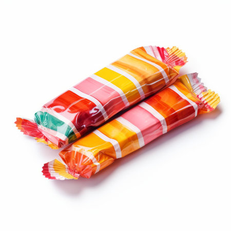colorful candy bars, inspired by nelleke pieters' style, are showcased on a clean white background. these vibrant treats feature striking stripes in light red and orange hues, creating a visually captivating display. shot with a contax tix camera at iso 200, the wrapped candy bars evoke a sense of anticipation and playfulness. this composition draws inspiration from the artistic style of jonas burgert. ai generatedの素材