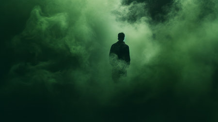 a figure silhouette emerges from a green frosting, creating a haunting atmosphere. the smokey background adds to the ominous vibe of this uhd image, captured in the style of new american documentary photography. the supernatural realism is enhanced by the mist surrounding the silhouette. ai generatedの素材