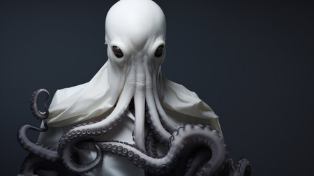 a white creature with giant tentacles holding a sword is depicted in this close-up photo. the image showcases detailed hyperrealism, with darktable processing enhancing the layered mesh effect. the subject's appearance is reminiscent of paulus potter's style, featuring intricate costumes and hyperrealistic marine life. ai generatedの素材