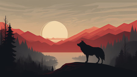 wolf silhouette against a sunset backdrop, reminiscent of vintage poster art. this landscape wallpaper showcases realistic landscapes with soft, tonal colors like dark red and light gray. it captures the essence of romantic riverscapes, mountainous vistas, and even fictional landscapes. the design is reminiscent of chiaroscuro woodcuts, adding a touch of artistic flair to any space. ai generatedの素材