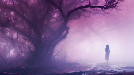 a woman stands in the midst of a dark forest, surrounded by twisted branches and mist. the landscape is a digital fantasy, with a light purple and magenta color scheme. the image showcases romantic riverscapes and tangled nests, creating a captivating and enchanting scene. this high-resolution photo measures 3840x2160 pixels. ai generatedの素材