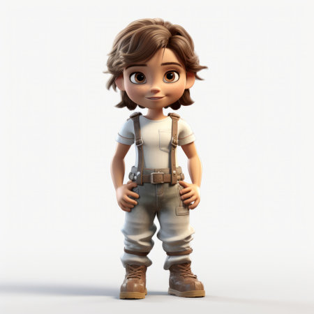 the animated character stands with legs and arms at his sides, showcasing photorealistic portraiture. lit with a kid-friendly lighting, the character design is detailed, featuring a combination of white and bronze colors. this character belongs to the whitcomb-girls series, known for its adventure-themed storyline and an orthogonal art style. ai generatedの素材