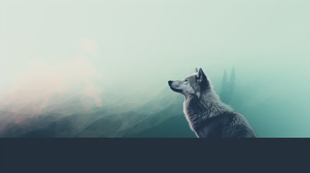 a captivating wolf portrait captured in the style of emiliano ponzi, featuring hazy landscapes and a cross-processed effect. the artwork showcases the majestic wolf against a smokey background, digitally enhanced to create a mesmerizing visual. inspired by lawren harris, the sky-blue and gray tones add depth and allure to this stunning wolf wallpaper. ai generatedの素材