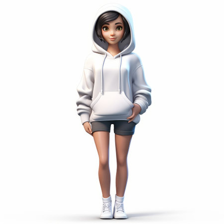 a woman in sims 3 wearing a pink hoodie with pants and a skirt is depicted in a cartoonish realistic style. the monochromatic white figures contrast with the hyper-detailed rendering, creating a unique visual effect. the robotics kids theme adds an interesting element to the portrait. captured with a canon eos 5d mark iv, the studio portrait showcases a combination of dark white and lightの素材