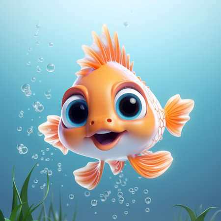 a cute green fish with blue eyes is swimming in the water, showcasing the style of 2d game art by tiago hoisel. the fish is depicted using light pink and orange colors, with photo-realistic techniques and free brushwork. this charming character illustration is reminiscent of the work of steve henderson. ai generatedの素材