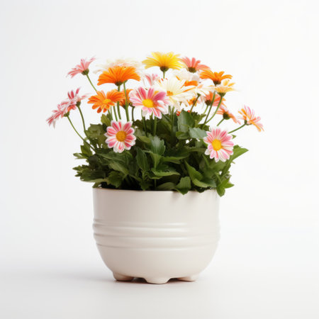 a blooming gerbera in a white flower pot, showcasing a delightful combination of light pink and light orange hues. this captivating image captures the essence of smilecore aesthetics, as seen in the warm and inviting colors. the ceramic pot adds a touch of elegance to the overall design. this stunning photograph, taken by the associated press, beautifully highlights the intersection of industrial and product design.の素材