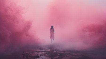 a woman in pink stands amidst a pink field, surrounded by atmospheric clouds and a surrealistic mist. this conceptual installation art portrays trapped emotions with its dark and foreboding colors, creating a sense of surrealistic horror. ai generatedの素材