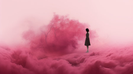 a woman stands on pink clouds adorned with pink flowers in her hair. this surreal 3d landscape, inspired by the styles of marko manev and zhang kechun, combines elements of conceptual installation art. the smokey background adds depth to the scene, while the light crimson and crimson hues create a captivating atmosphere. gabriele viertel's artistic touch is evident in this mesmerizing composition. ai generatedの素材