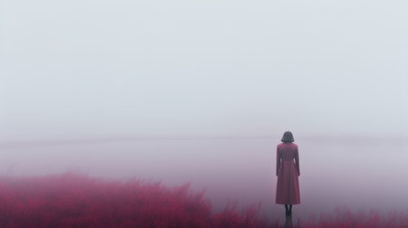 a person in red stands before a backdrop of lush green tall grass, creating a misty gothic atmosphere. the dark pink and light gray tones add a minimalist touch to this otherworldly illustration. this stunning image, digitally enhanced and captured in 8k resolution, showcases the beauty of nature in a unique and captivating way. ai generatedの素材