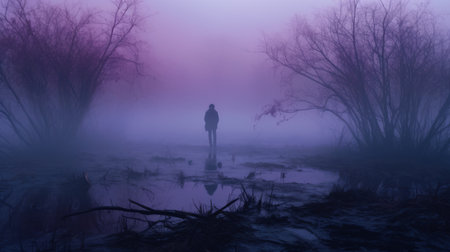 a person stands in a foggy forest, surrounded by trees. the landscape is a mix of light violet and dark pink hues, creating an apocalyptic atmosphere. the scene evokes a sense of romantic riverscapes and dark, gritty aesthetics. it portrays a dramatic and decaying nightscape, offering a captivating and haunting view. ai generatedの素材