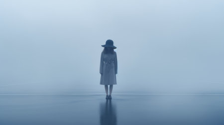 the photo "fog in my head" captures a girl with no face standing in a mysterious fog. inspired by animated film pioneer, the image showcases a blend of dark white and light azure tones. shot in 8k resolution, this photograph by olivier valsecchi draws influences from artists like james tissot. with an ominous and conceptual minimalism, it evokes a sense of intrigue and mystery. aiの素材