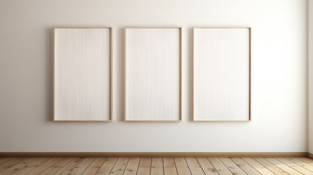 three wooden frames hang in an empty room, creating a minimalist and clean-lined aesthetic. this 3d render showcases large canvas paintings with soft-focus portraits and minimalist pen lines. the frames, in white and beige, beautifully display 19th-century american paintings and works on paper. with an impressive 8k resolution, this image captures the essence of timeless art. ai generatedの素材