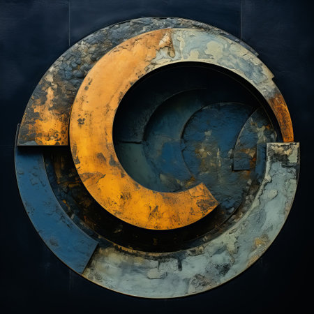 a circle shaped piece of metal with a color background, featuring industrial fragments, dark indigo and amber hues. this architectural abstraction showcases letras y figuras, trompe l'oeil compositions, textured elements, and an asymmetric arrangement. ai generatedの素材