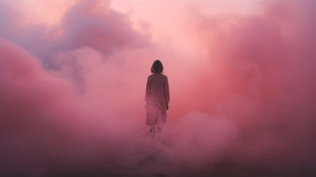 a person stands in a pink field of smoke, surrounded by ethereal cloudscapes. this moody figurative portrait, captured in 8k resolution, showcases the dreamlike atmosphere created by the light gray and light crimson hues. the photography installation evokes atmospheric visions, merging the beauty of nature with a touch of surrealism. ai generatedの素材