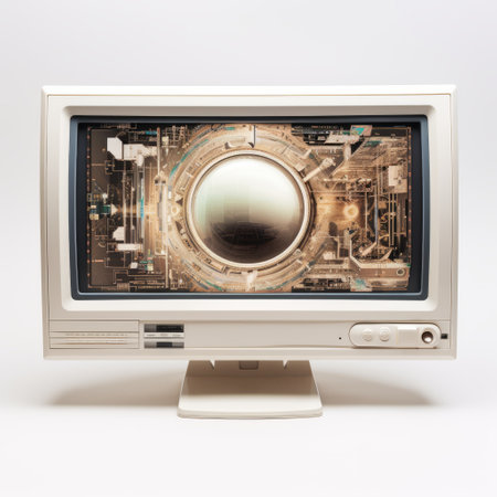 white monitor with a distinctive white ring encircling the screen. this stock photo captures the essence of vintage sci-fi, contemporary metallurgy, and industrial futurism. the wide-angle lens adds a unique perspective, reminiscent of medical imaging film. the neo-geo design and intel core technology further enhance its modern appeal. ai generatedの素材