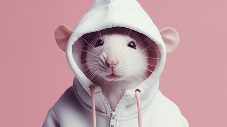 a white rat, dressed in a hooded shirt, sits on a vibrant pink background. this playful character design, rendered in cinema4d, draws inspiration from fashion photography. influenced by artists like john wilhelm, reylia slaby, and james bullough, this close-up shot showcases the intricate details of the rat's outfit and captures its whimsical essence. ai generatedの素材